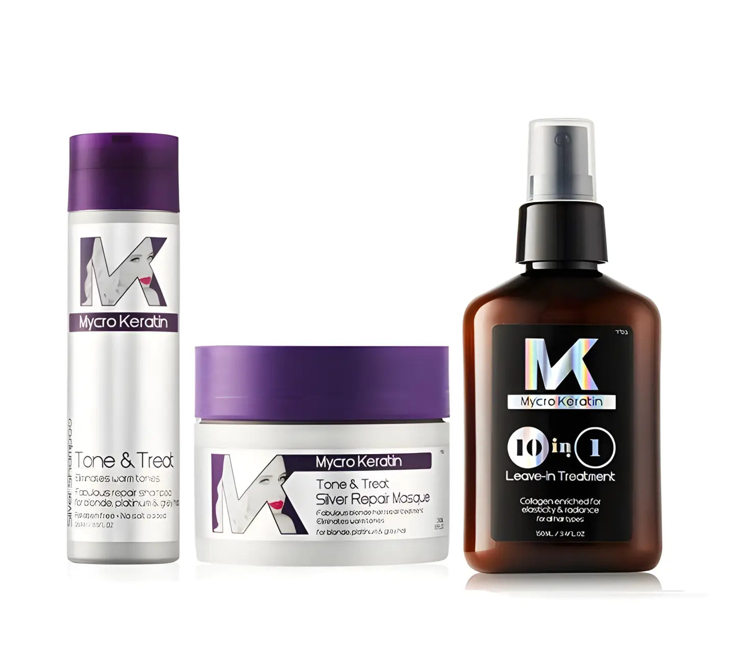 Mycro Keratin Tone & Treat Trio: Silver Shampoo, Hair Mask, Leave-in Treatment for Blonde & Gray Hair - Shop Now!