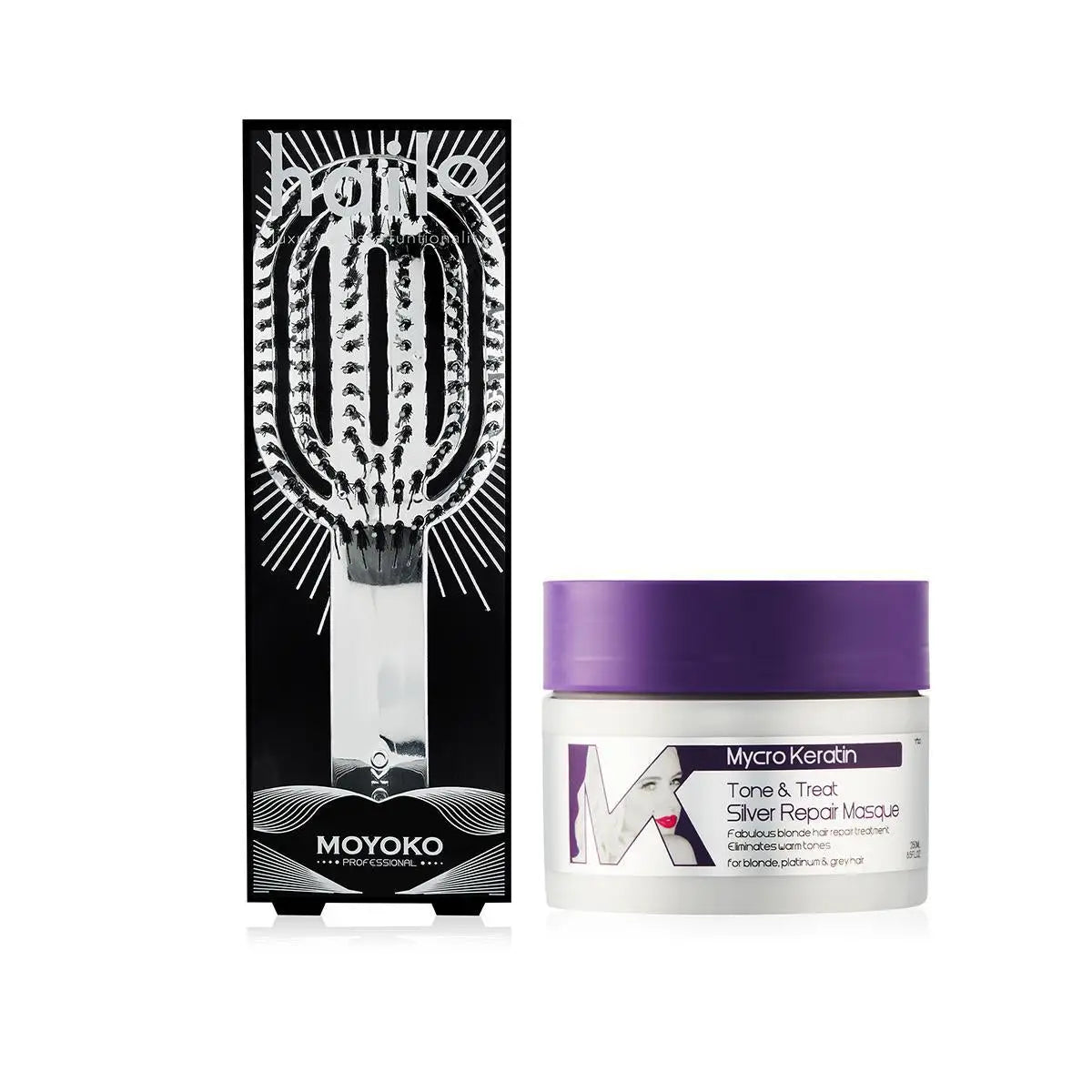 Mycro Keratin Hair Mask & Moyoko Detangling Brush: Tone, Treat, Repair Blonde Hair. Silver Chrome Brush.