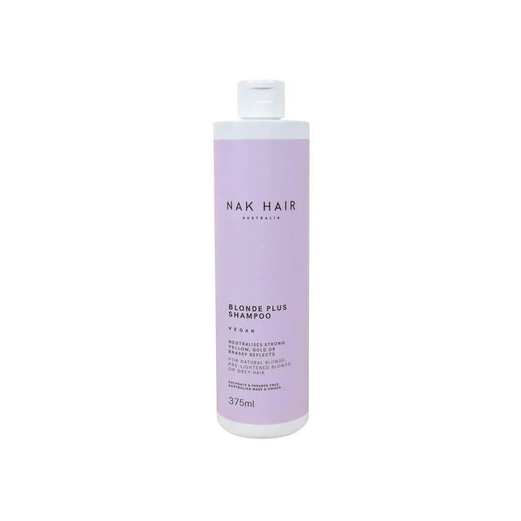 Bottle of NAK Signatures Blonde Plus Shampoo 375ml with lavender-colored label