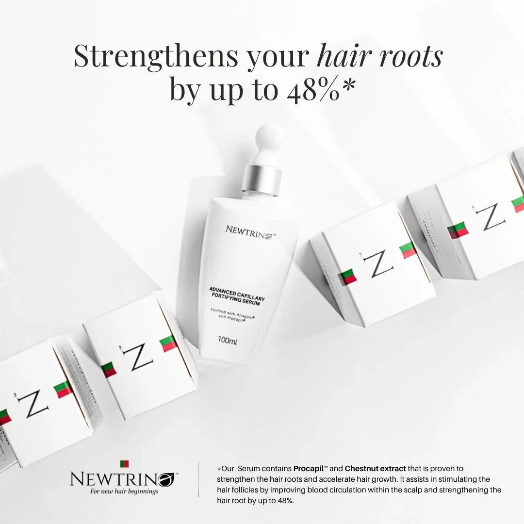 White bottle labeled βNEWTRINβ hair serum - Newtrino 100ml Scalp Serum for increased hair density