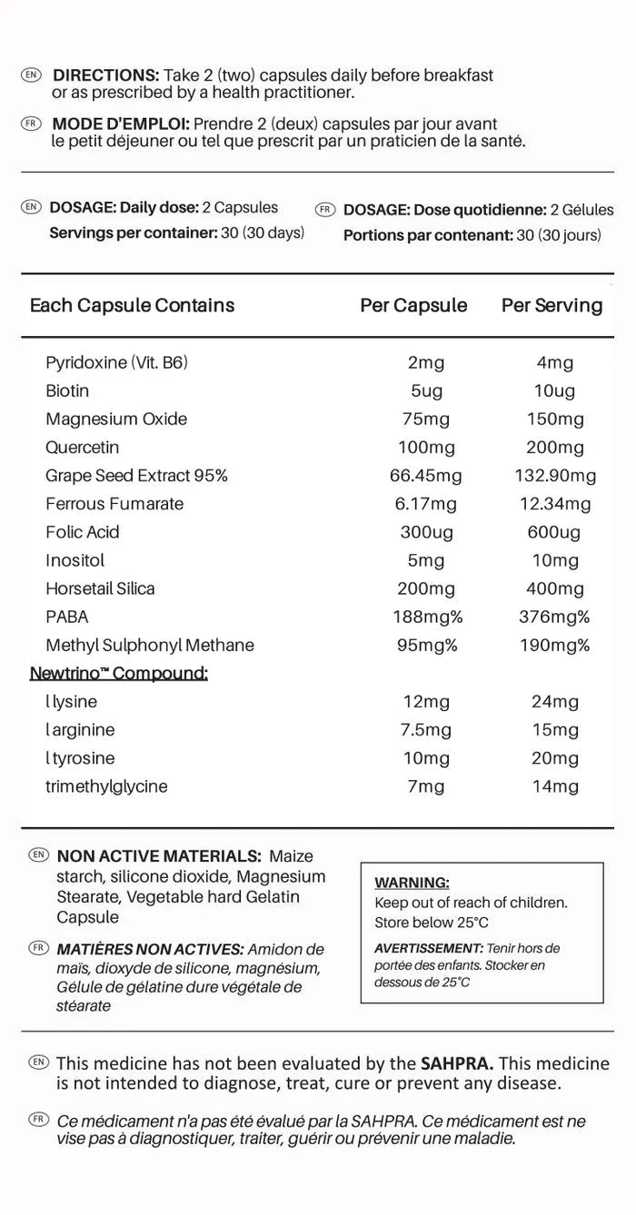 Newtrino Hair Loss Capsules Supplement Facts: Ingredients, Dosage, & Benefits. Women's Hair Health. 60 Capsules