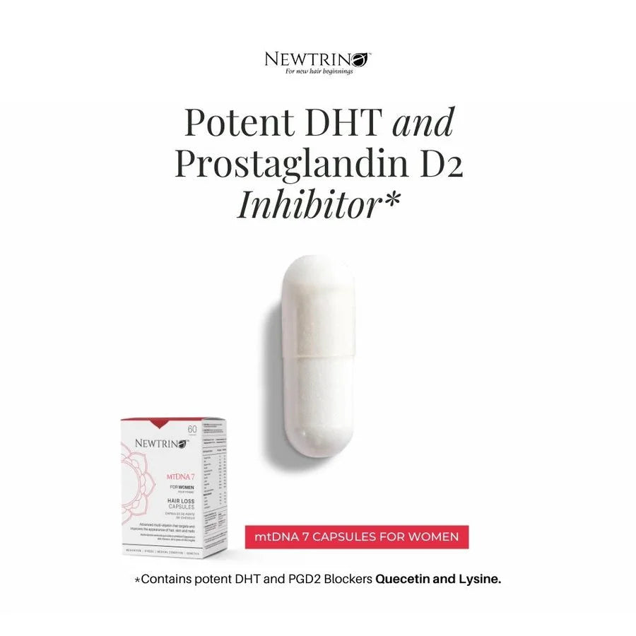 Newtrino Hair Loss Capsules for Women: DHT & Prostaglandin Inhibitor. Hair growth supplement. Image of capsules and packaging