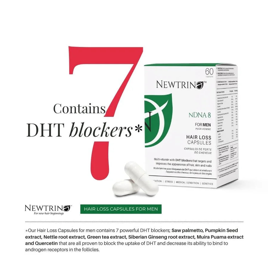 Newtrino NDNA 8 Hair Loss Capsules for Men - 7 DHT Blockers for Thicker Hair, Newtrino Hair Solution, Newtrino Hair Supplement.