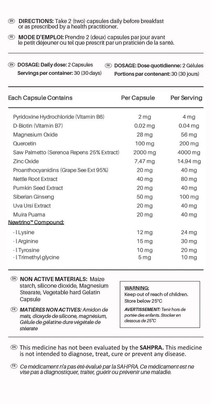 Newtrino Capsules Supplement Facts: Ingredients & Dosage for Hair Health. DHT Blocker, Hair Loss Supplement
