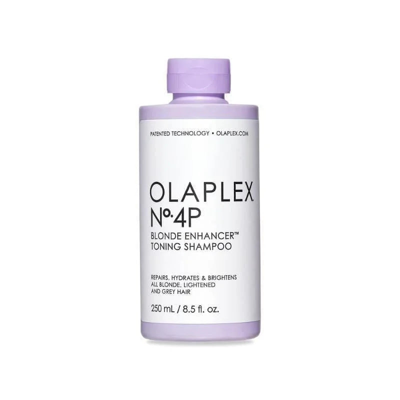 Bottle of Olaplex No.4P Blonde Enhancer Toning Shampoo 250ml on display