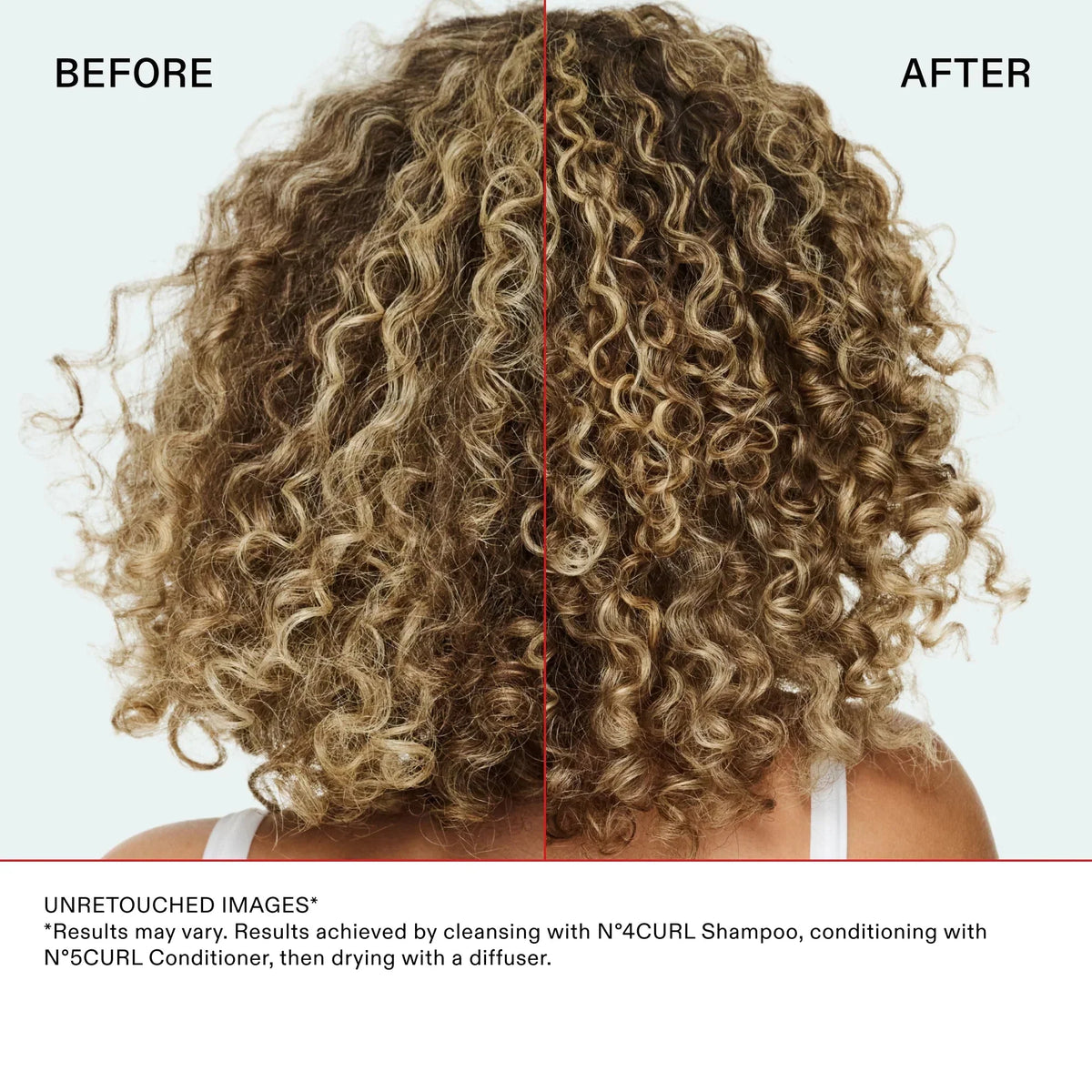 Before and after Olaplex curl shampoo and No.5 curl conditioner on defined curly hair
