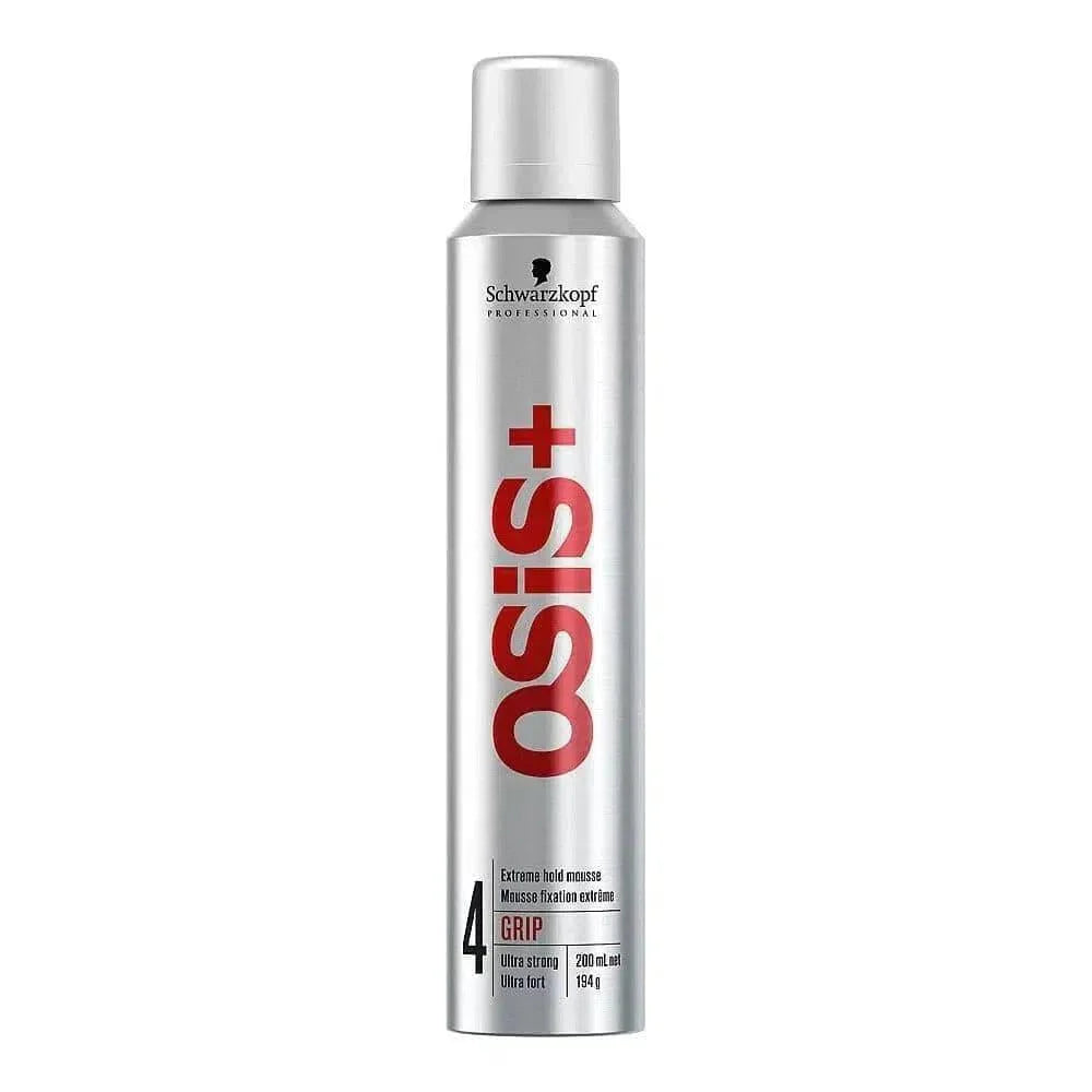 OSiS+ Grip Extreme Hold Mousse 200ml in a silver aerosol can with bold red OSIS logo.
