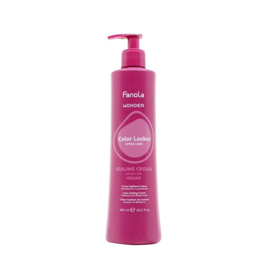 Pink bottle of Fanola Wonder Color Locker Sealing Cream for hair, color locker sealing formula