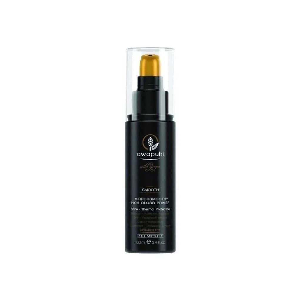 Paul Mitchell Mirrorsmooth High Gloss Primer bottle with gold-tipped spray nozzle