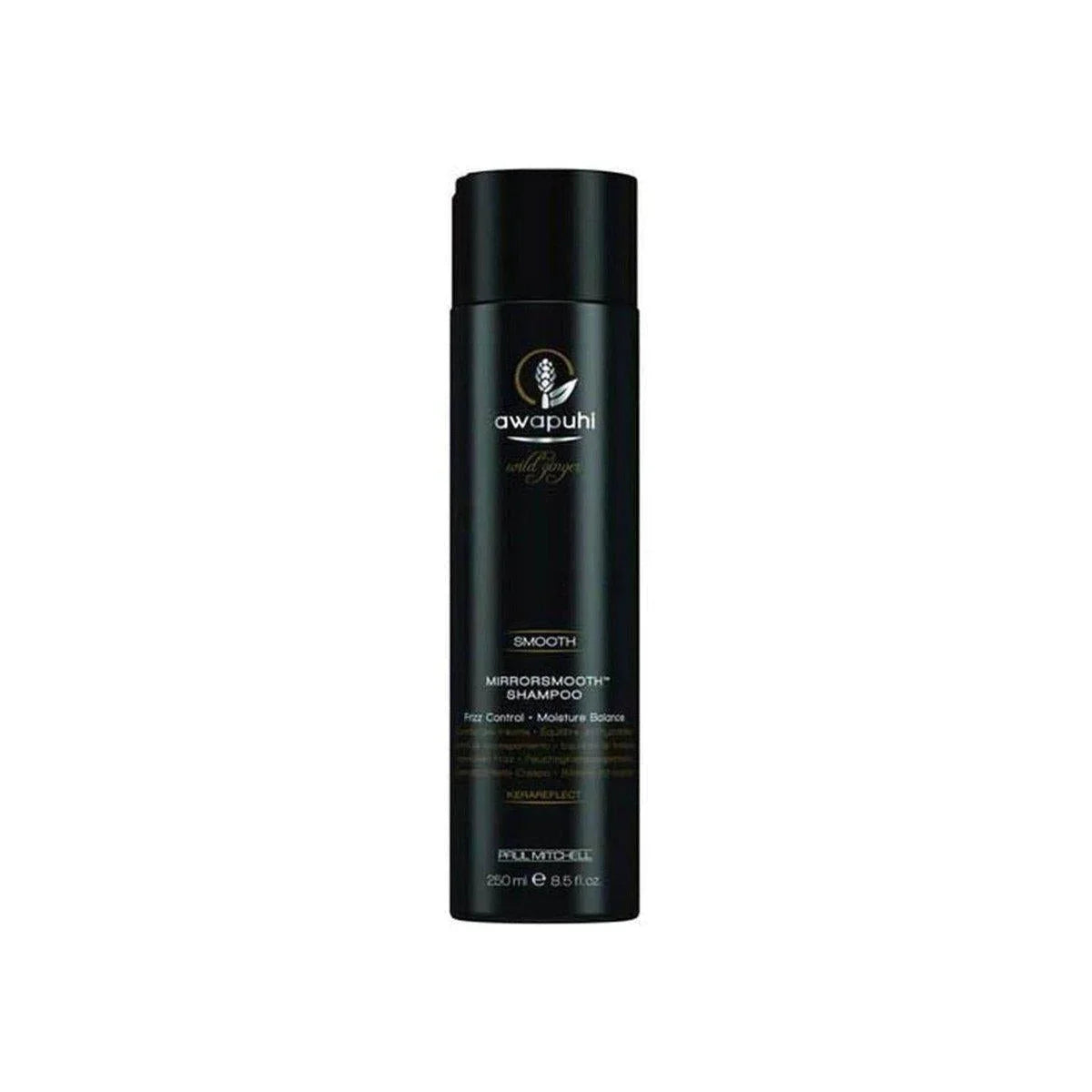 Black cylindrical bottle of Paul Mitchell MirrorSmooth Shampoo 250ml with KeraReflect™ technology