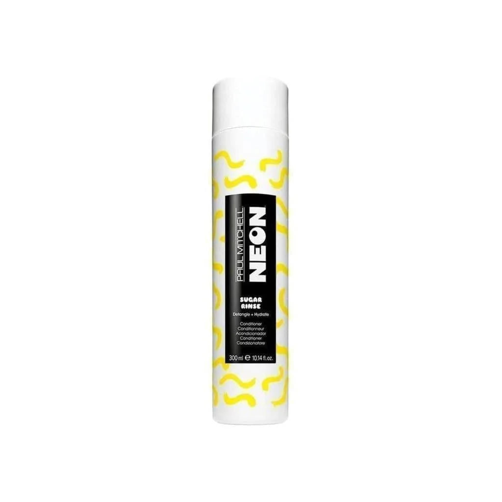 White cylindrical bottle of Paul Mitchell Neon Sugar Rinse Conditioner 300ml with yellow designs
