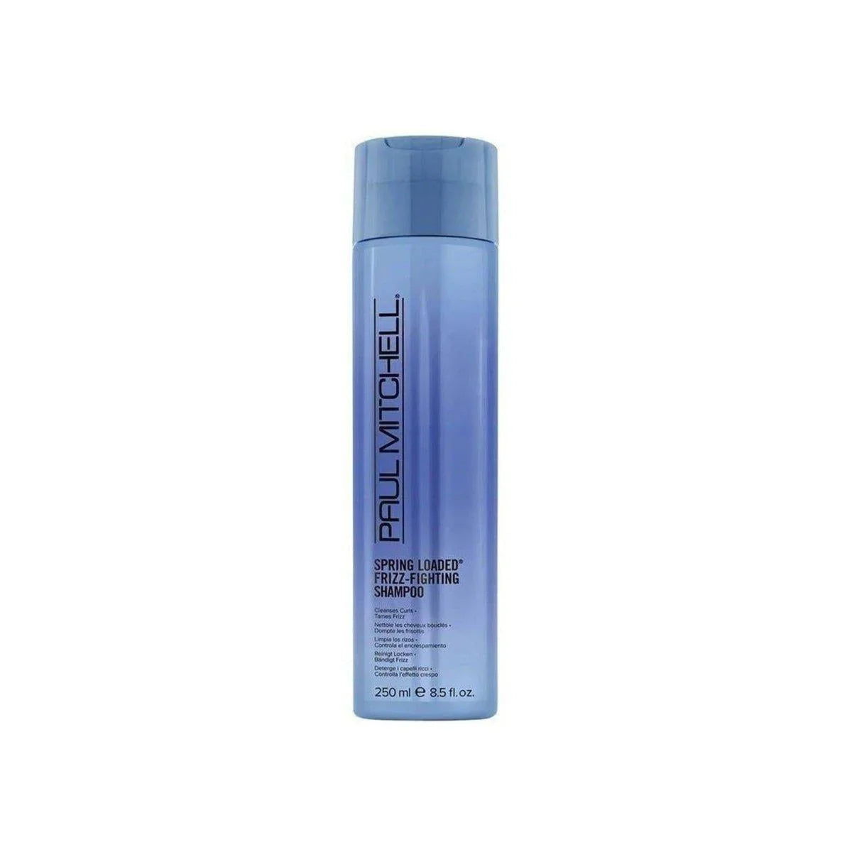 Blue bottle of Paul Mitchell Spring Loaded Shampoo 250ml for frizz-fighting hair care