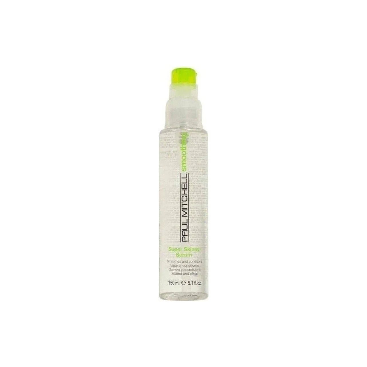 Clear bottle of Paul Mitchell Super Skinny Serum 150ml with a green cap