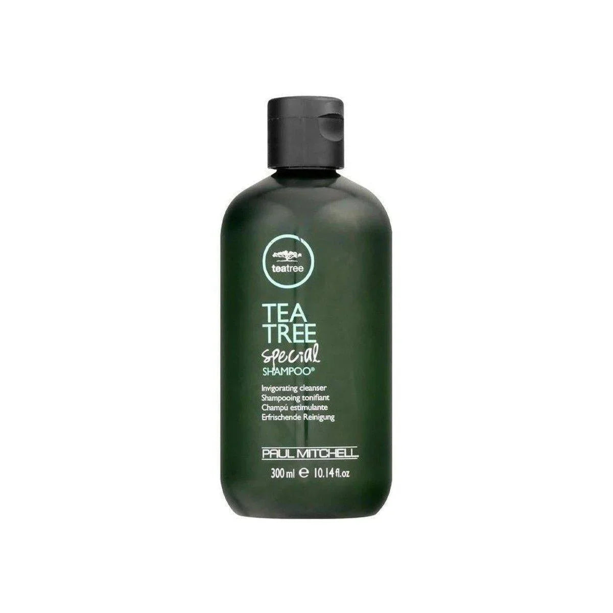 Dark green bottle of Paul Mitchell Tea Tree Special Shampoo 300ml on a white background