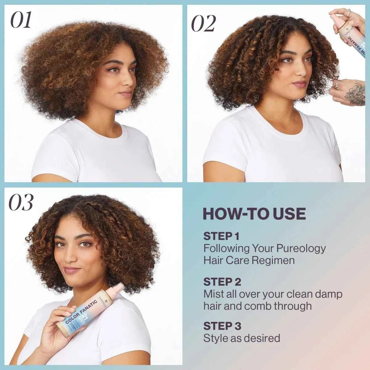 Step-by-step guide showcasing Pureology Colour Fanatic treatment application for healthy hair care