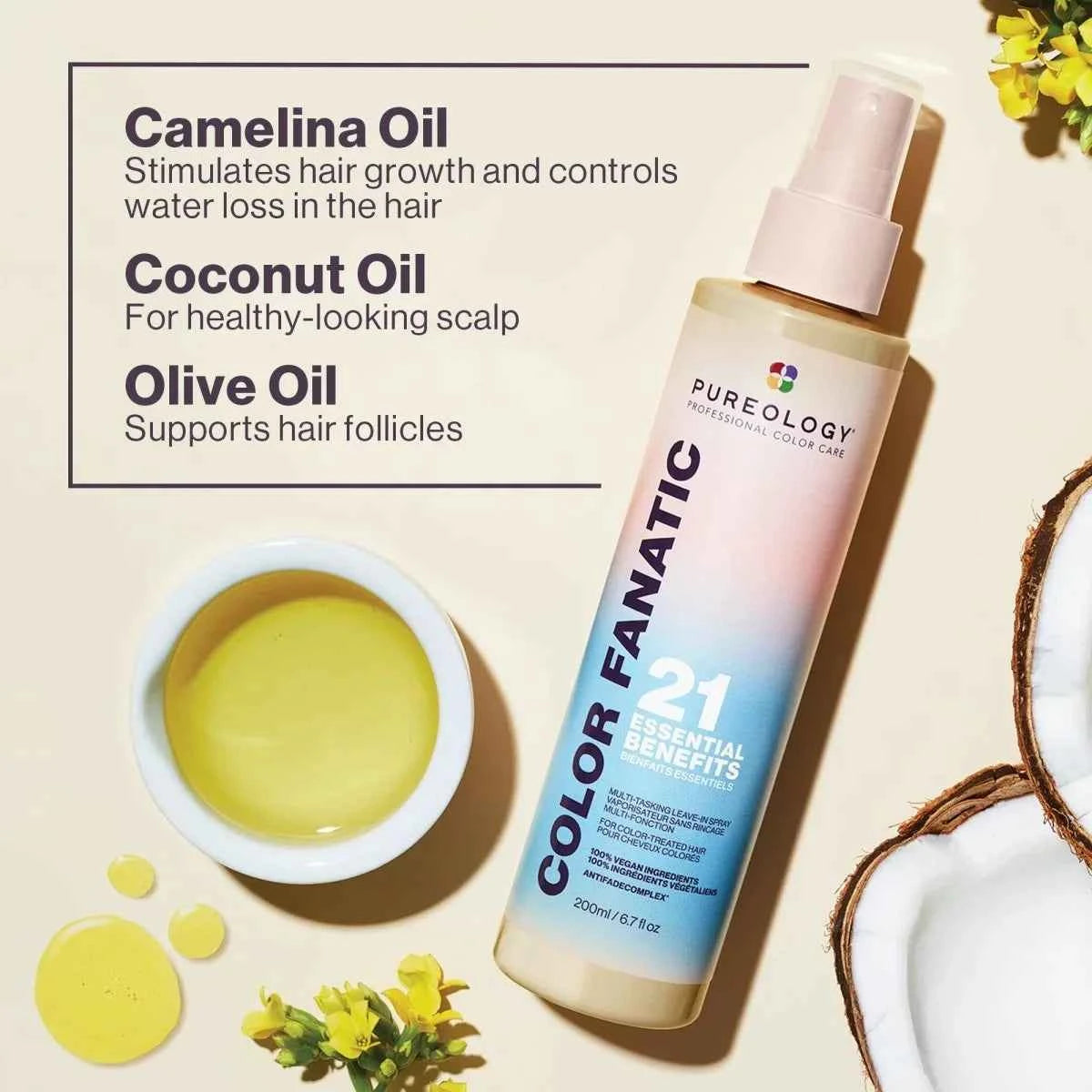 Pureology Colour Fanatic treatment with camellina, coconut, and olive oils for healthy hair care