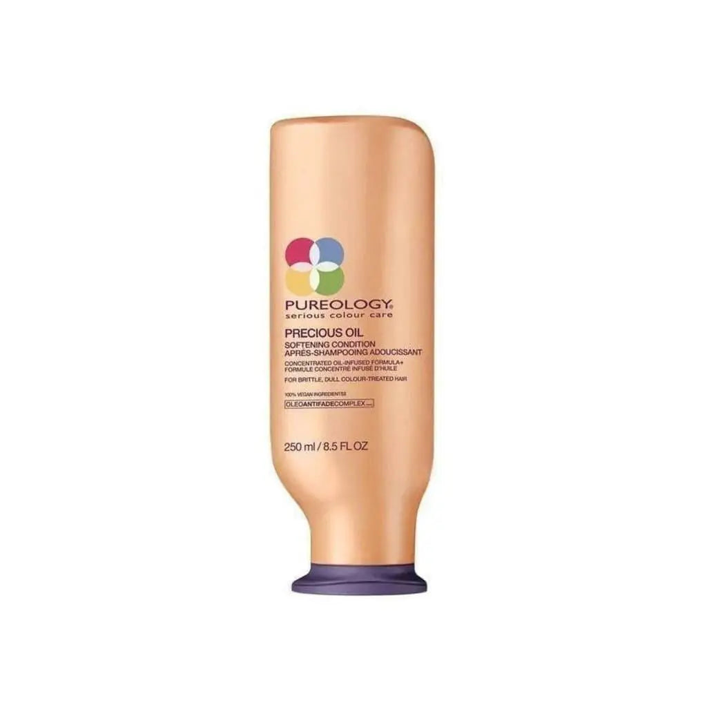 Bottle of Pureology Precious Oil conditioner for color-treated and damaged hair