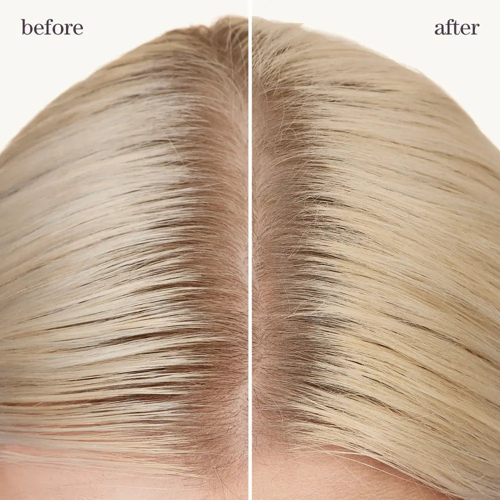 Hair Volume Before & After: Blonde hair showing root coverage and volume boost. Pureology Volume Trio Bundle results.
