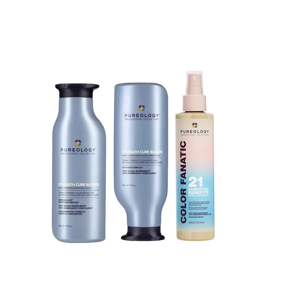 Pureology Strength Cure Blonde Hair Care Set: Shampoo, Conditioner & Color Fanatic Spray