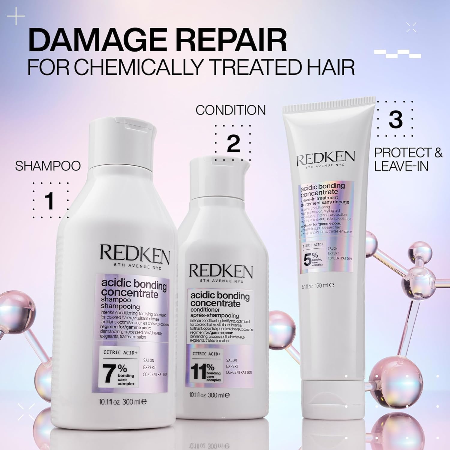 Redken Acidic Bonding Concentrate: Damage Repair Shampoo, Conditioner, & Leave-In Treatment. Best for Chemically treated hair