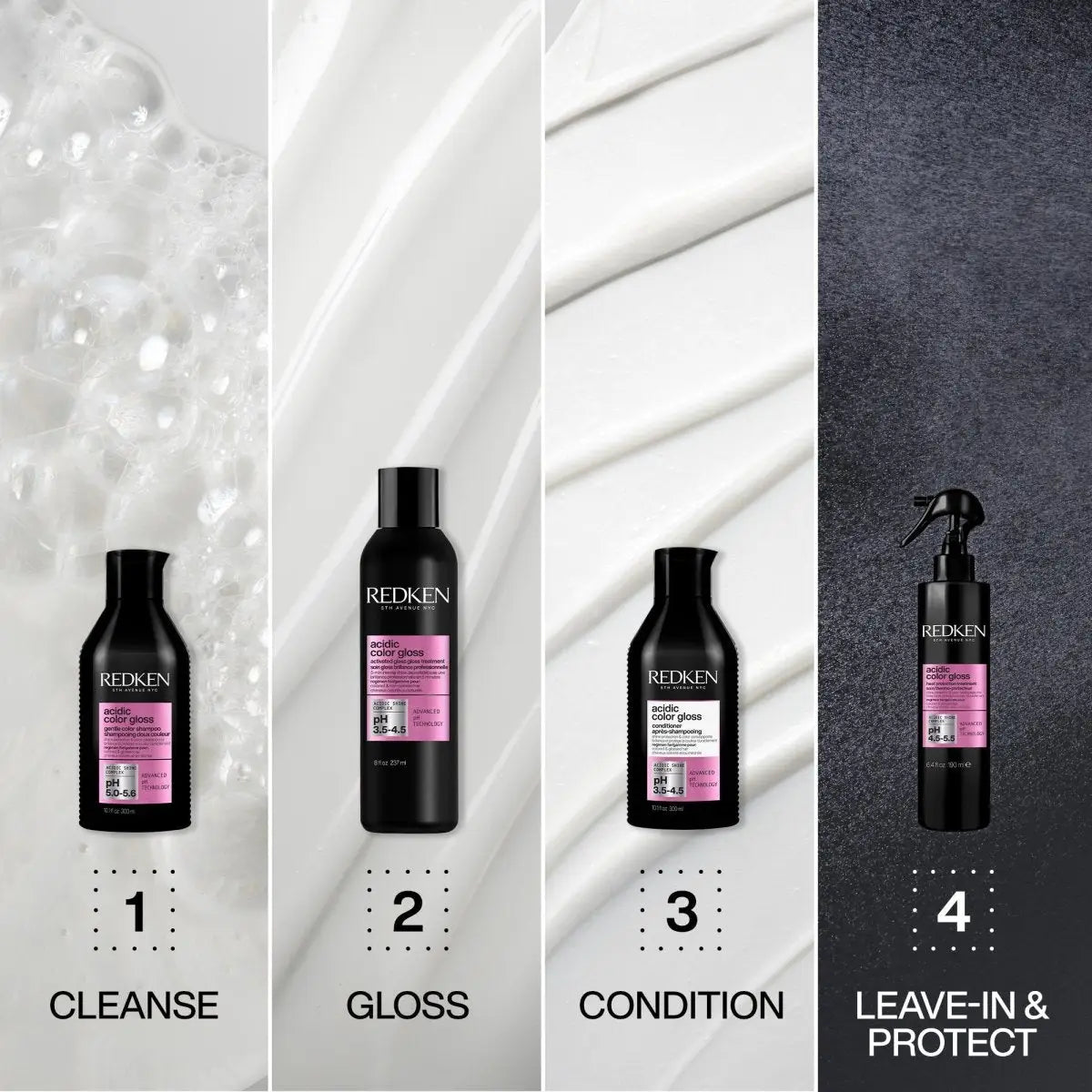 Redken Acidic Color Gloss Hair Care Routine: Shampoo, Gloss, Conditioner, Leave-In Treatment.