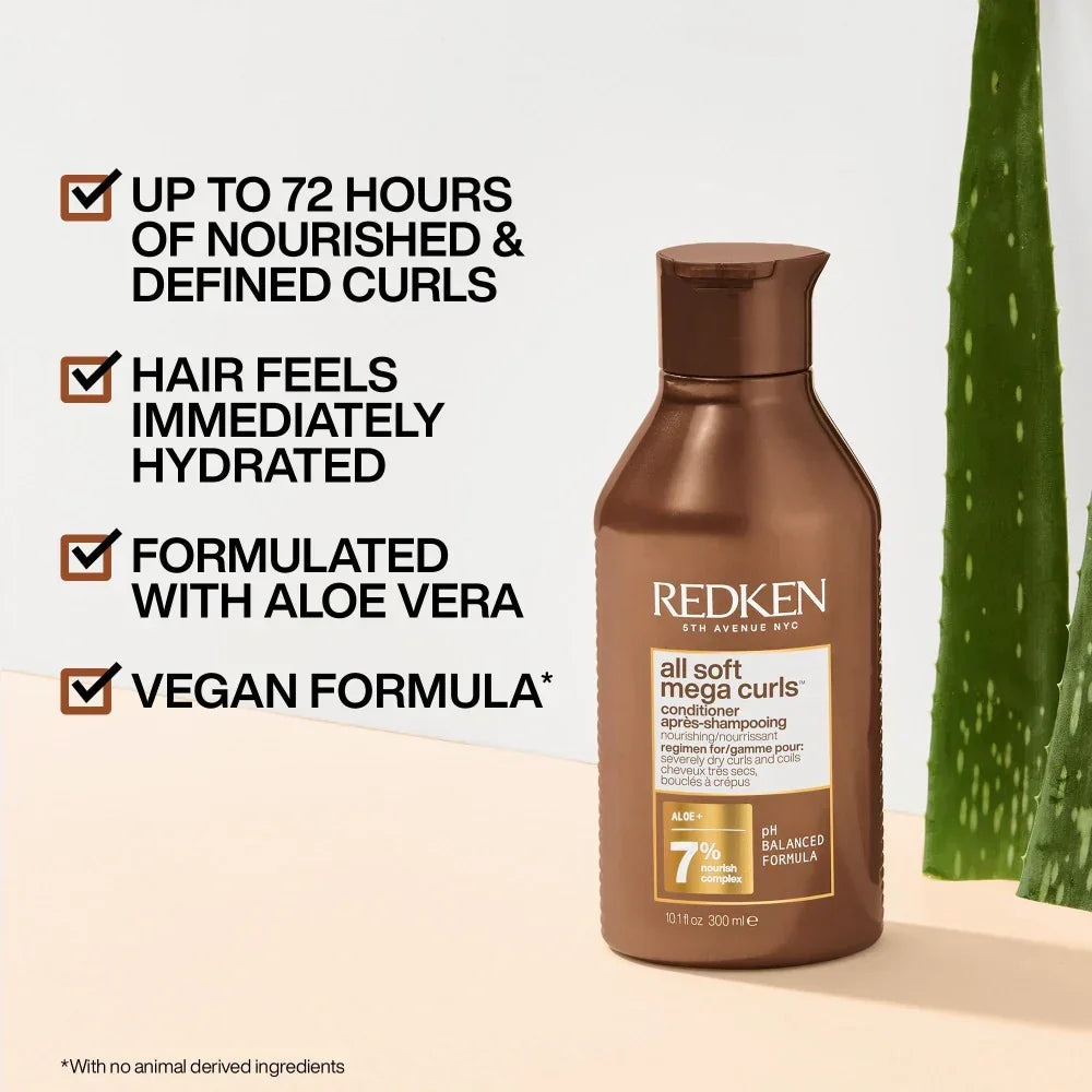 Redken All Soft Mega Curls Conditioner: 72hr Nourished Curls, Hydrating, Aloe Vera, Vegan Formula. Product Shot.