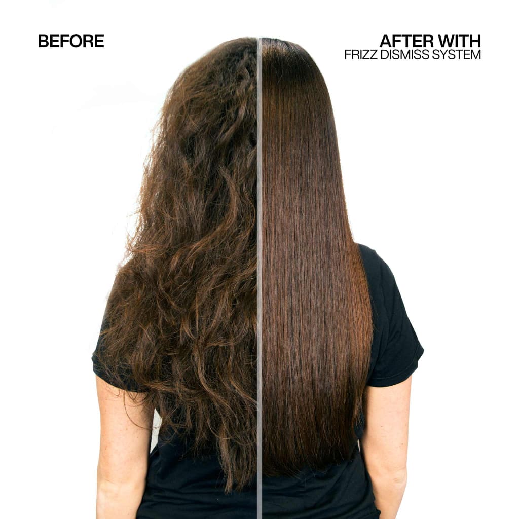 Split-screen comparison of hair after treatment with Redken Frizz Dismiss Instant Deflate 125ml