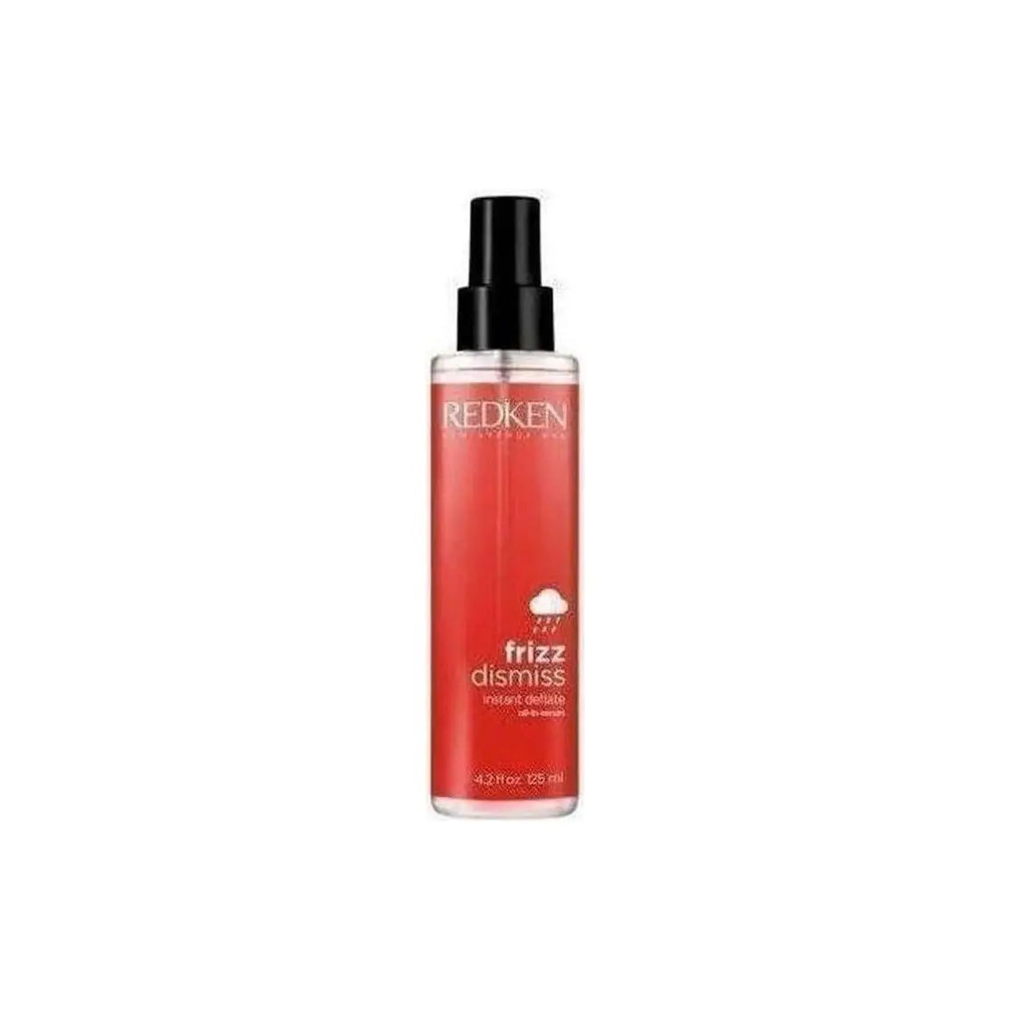 Redken Frizz Dismiss Instant Deflate spray bottle with red liquid, 125ml