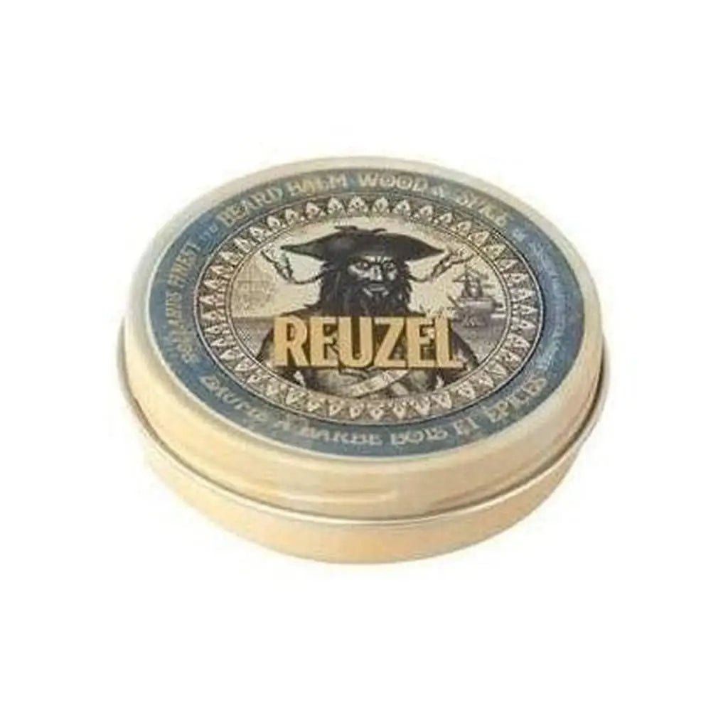 Circular tin of Reuzel Wood & Spice Beard Balm featuring pirate on the lid, 35 G