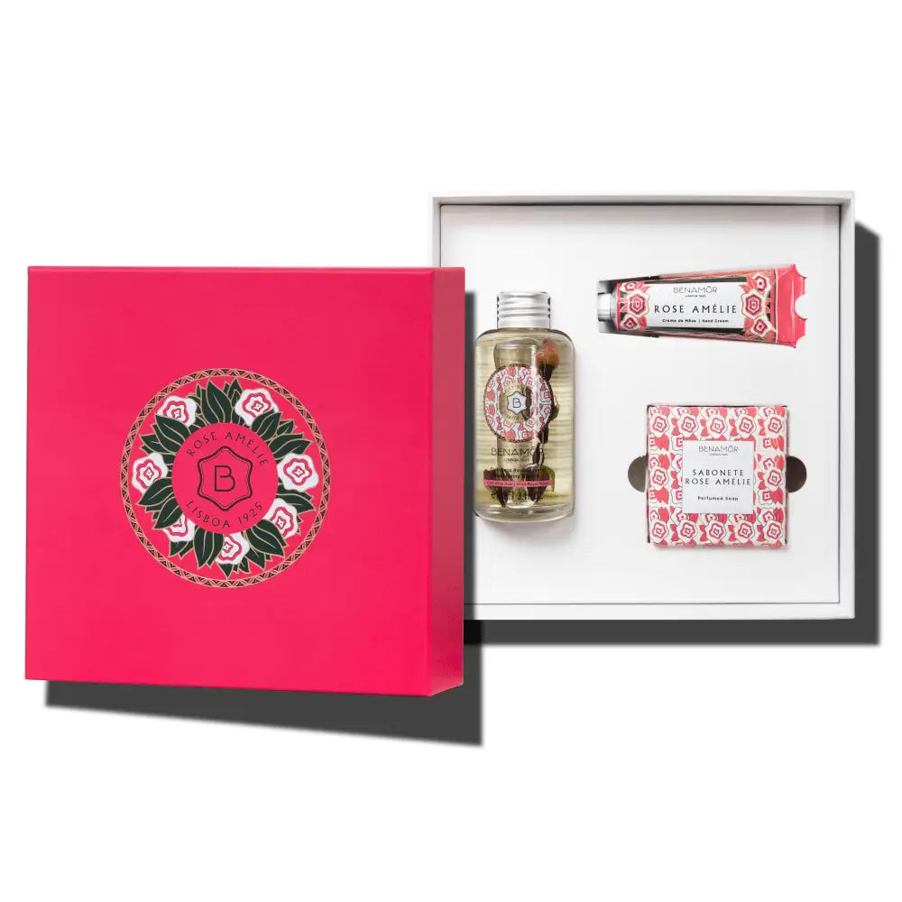 Benamor Rose Amélie Gift Set: Luxurious Skincare - Hand Cream, Soap & Dry Oil for Radiant Skin.