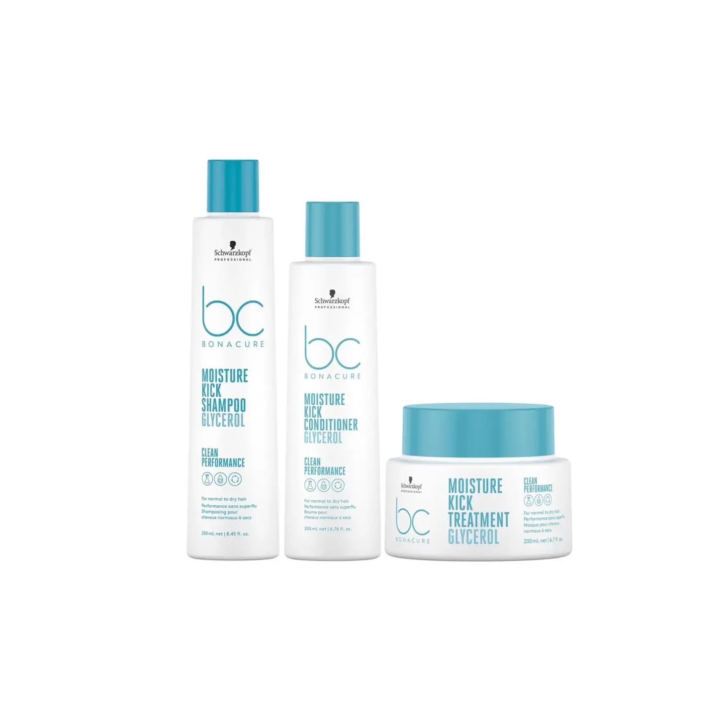 Schwarzkopf BC Moisture Kick: Shampoo, Conditioner & Treatment. Hydrating hair care for dry hair with Glycerol.