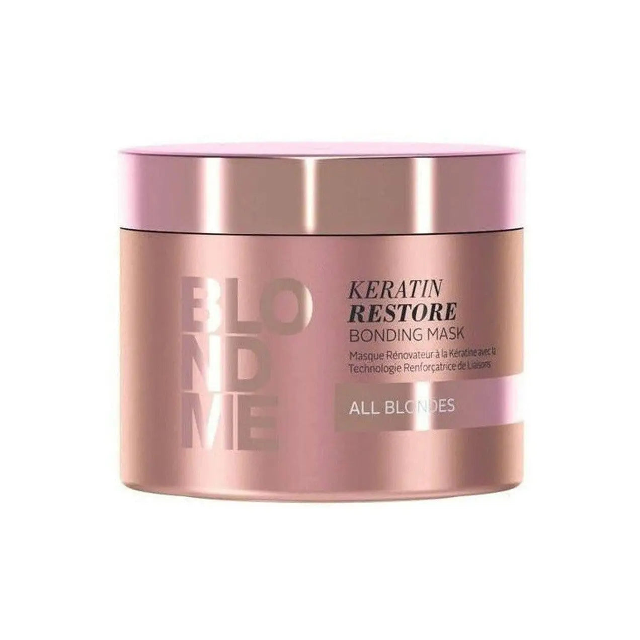 Rose gold container of Schwarzkopf BlondeMe Keratin Restore Bonding Mask for blonde hair