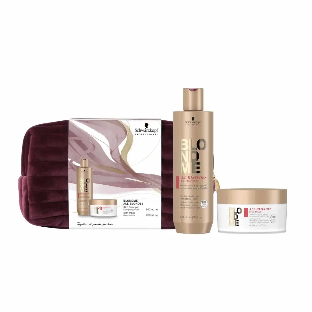 Hair care product gift set featuring shampoo, treatment mask, and a velvet cosmetic bag.