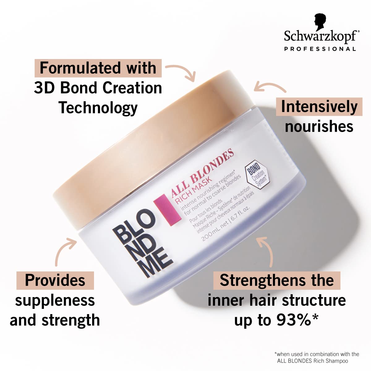 Schwarzkopf Blondme All Blondes Rich Mask: Nourishing blonde hair mask with 3D Bond Creation. Strengthens & adds suppleness.