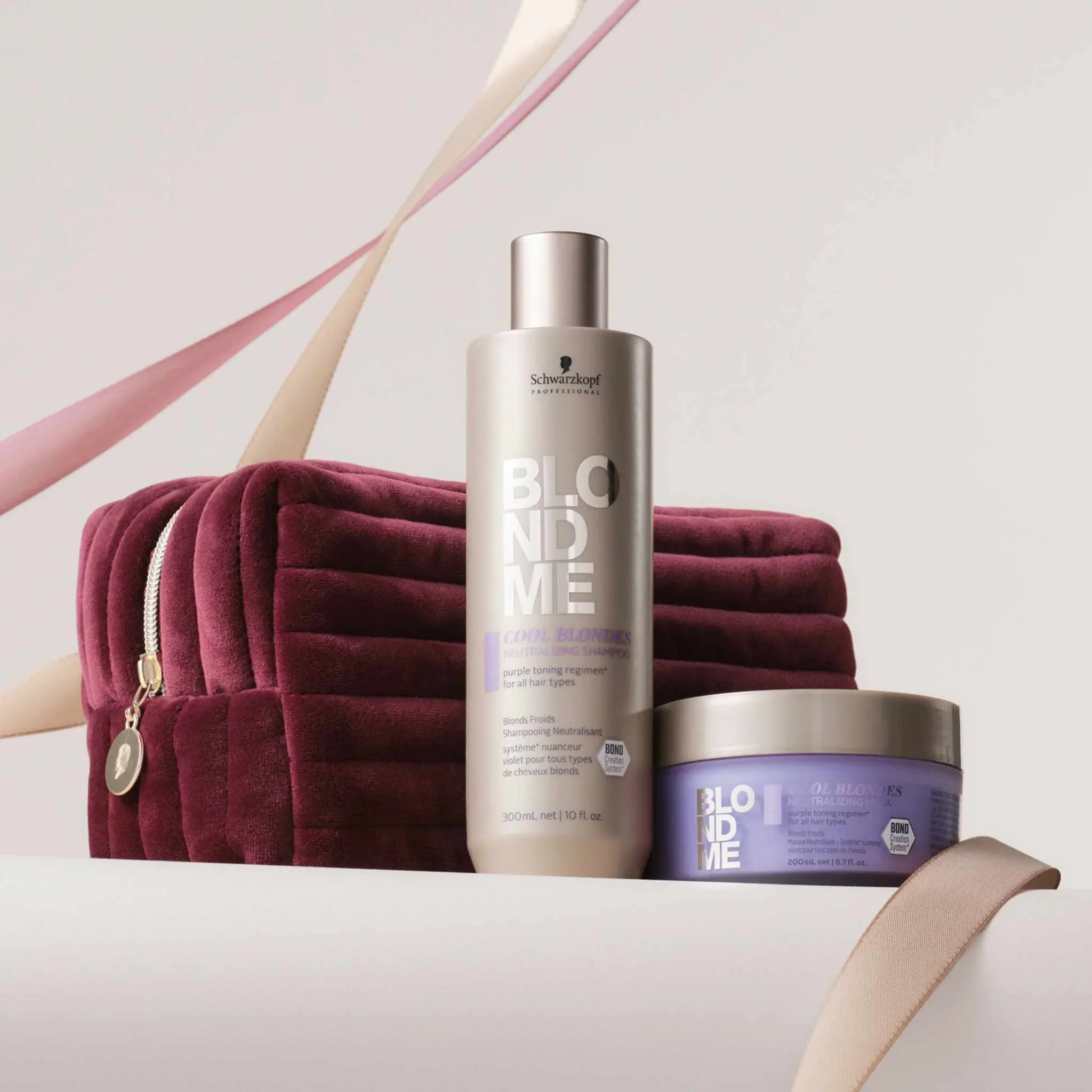 Schwarzkopf Blondme Cool Blondes Set: Purple Shampoo, Hair Mask & Cosmetic Bag. Holiday Gift for Blondes!