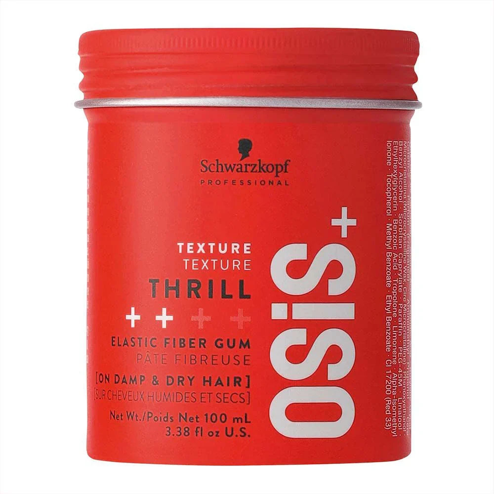 Schwarzkopf OSiS+ Thrill Elastic Fiber Gum: Texture & Styling for Hair. Red container showing product brand, and key attributes.