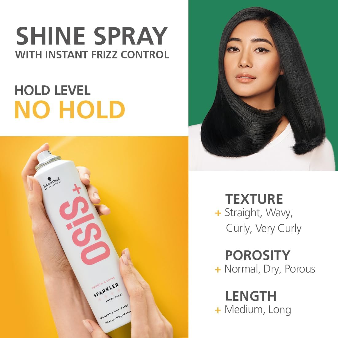 Schwarzkopf Osis+ Sparkler Shine Spray: Shine, Frizz Control, No Hold. Enhance Straight, Wavy, Curly, & Porous hair. Medium & Long lengths