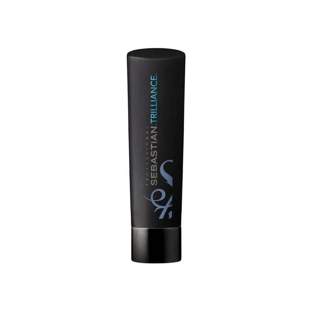 Black cylindrical tube of Sebastian Professional Trilliance Shampoo with rock crystal extract