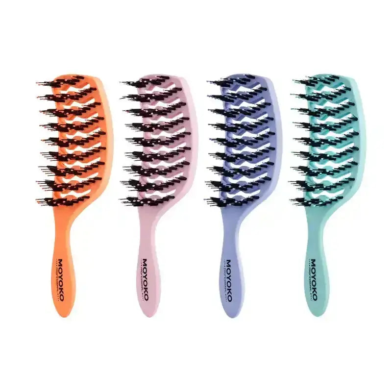 Set of four colorful hair brushes with flexible bristles in orange, pink, blue, and mint green.