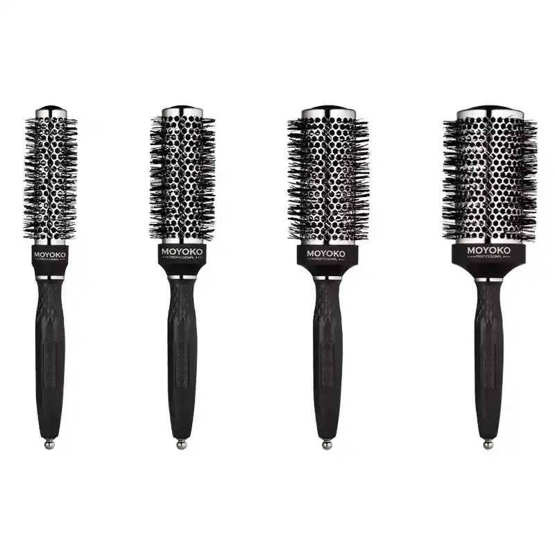 Set of four round hair styling brushes with black handles and metal bristles.