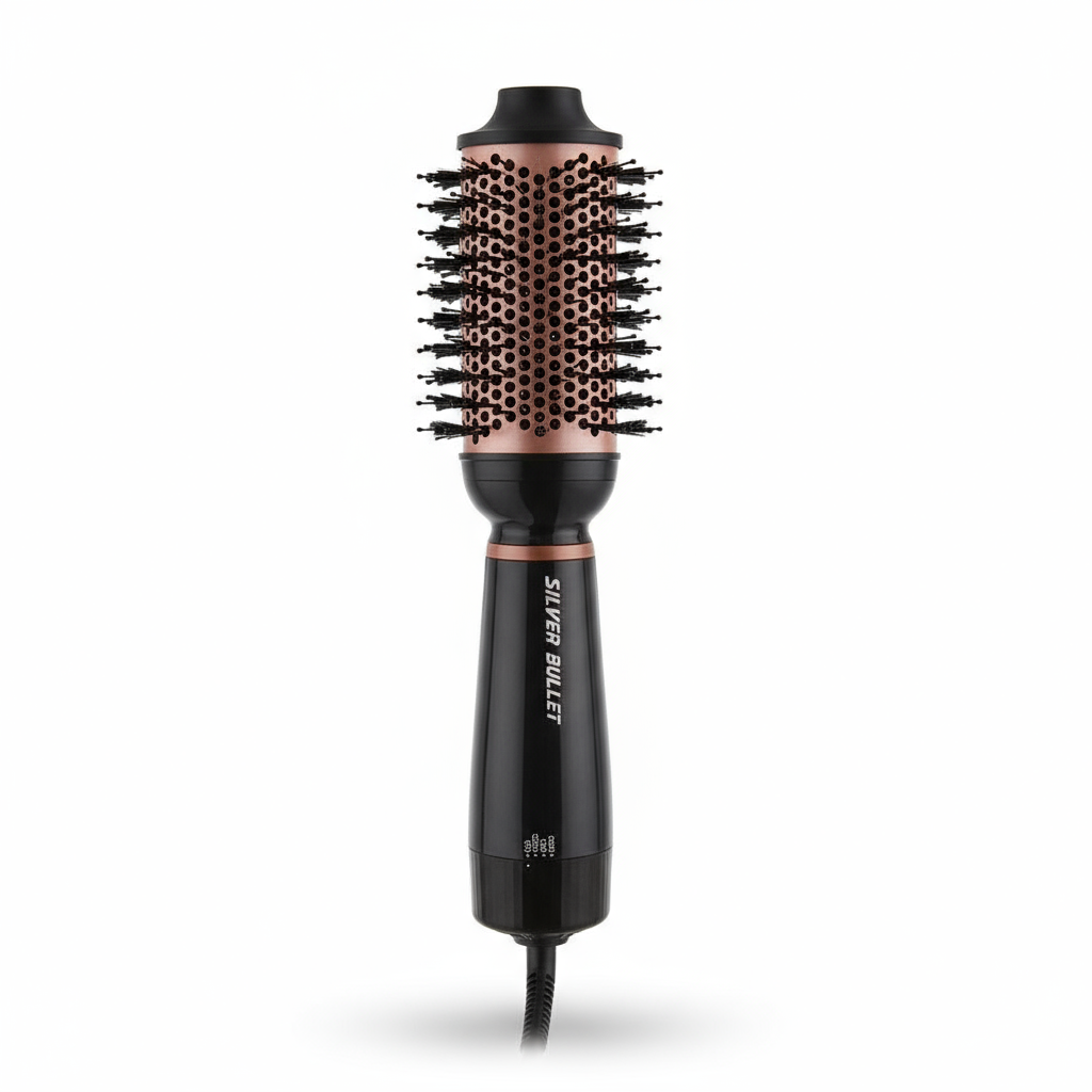 Silver Bullet Bliss Hot Air Brush in black and rose gold for styling and volumizing hair