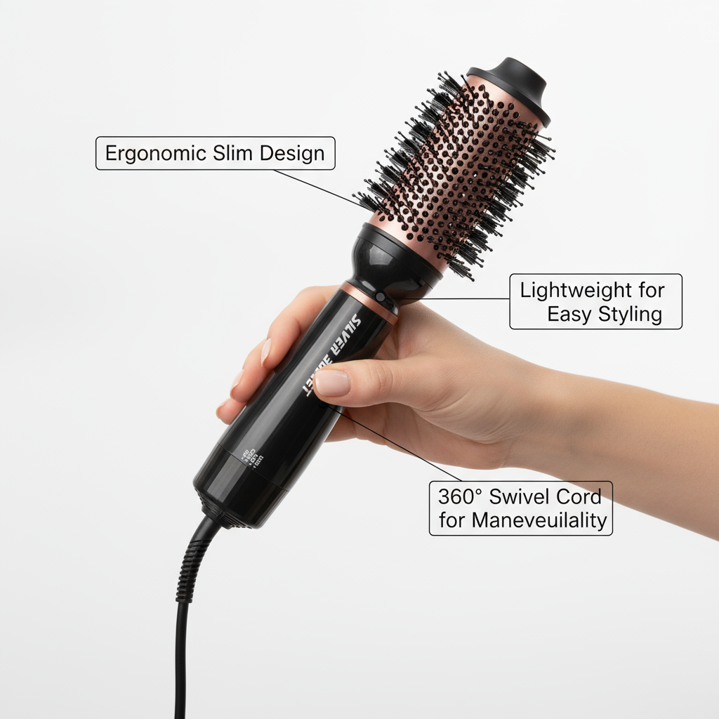Silver Bullet Bliss Hot Air Brush with ergonomic slim design and 360 degree swivel cord held in hand