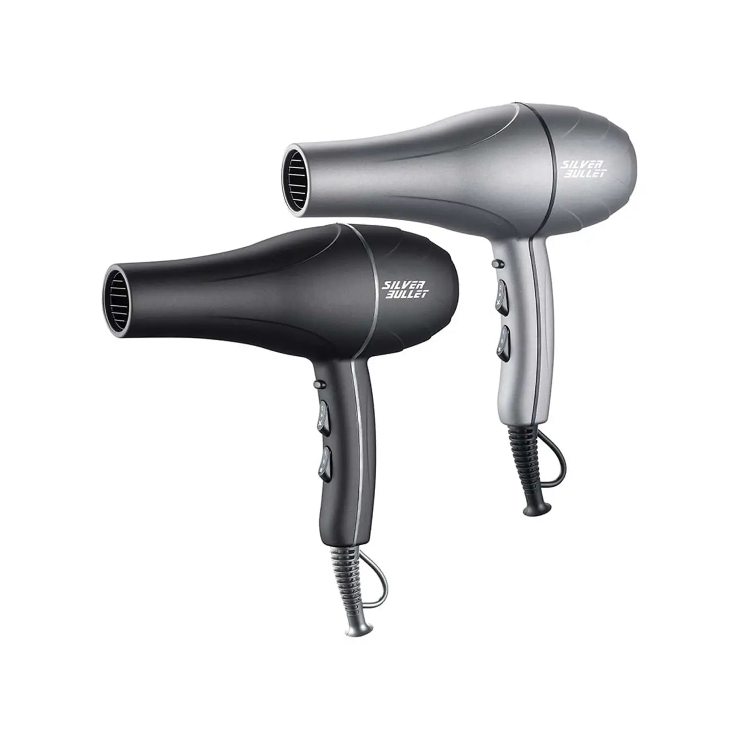 Two hair dryers, one silver and one black, with sleek modern designs.