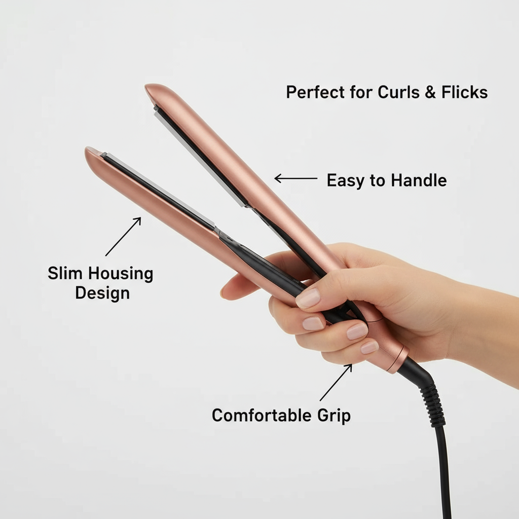 Silver Bullet Sleek Heat Ceramic Iron hair straightener with slim housing and comfortable grip held in hand