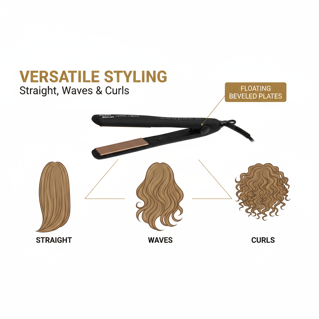Silver Bullet titanium flatiron gold plate edition hair straightener with floating beveled plates for straight waves and curls