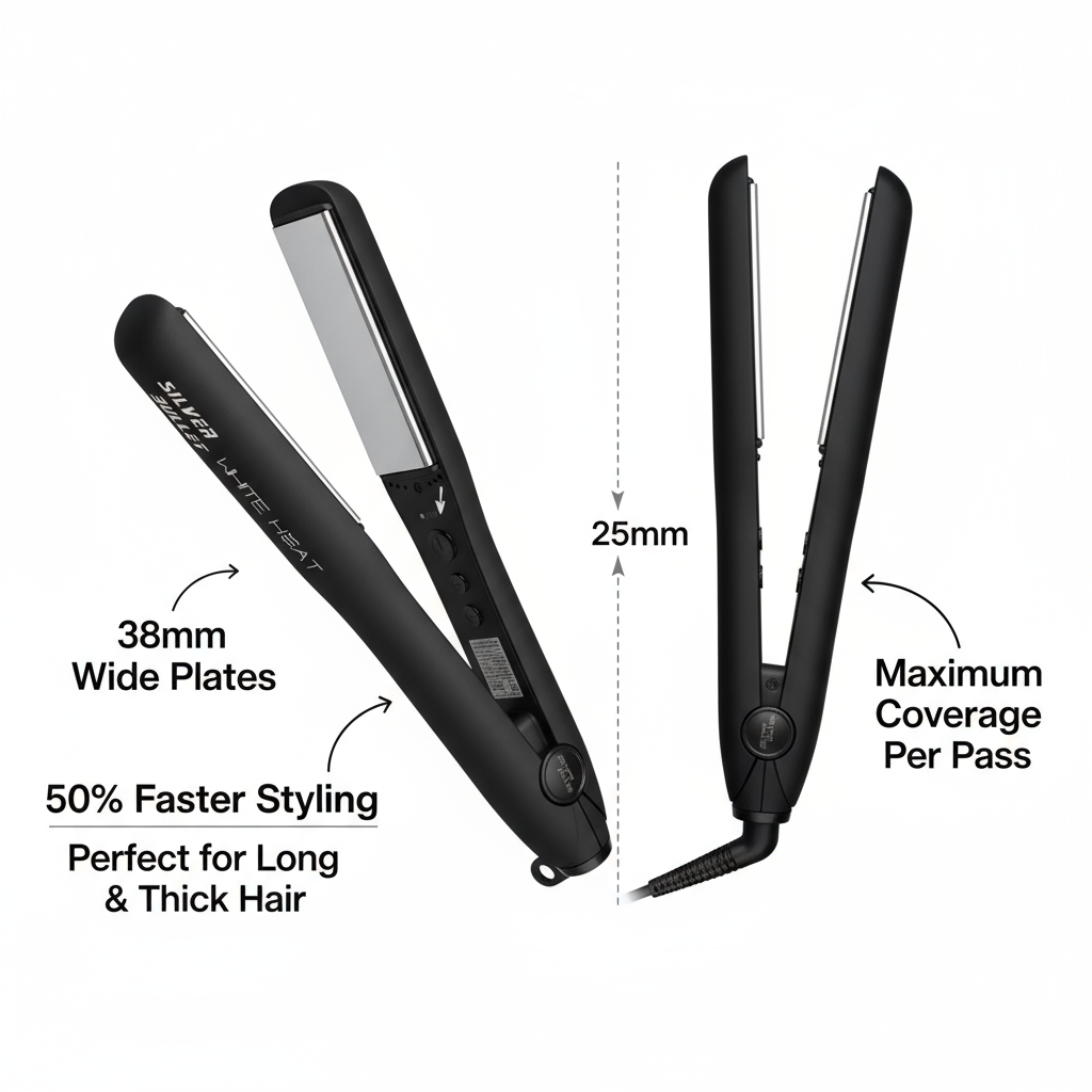 Silver Bullet White Heat Max wide hair straightener with 38mm wide plates for thick hair styling