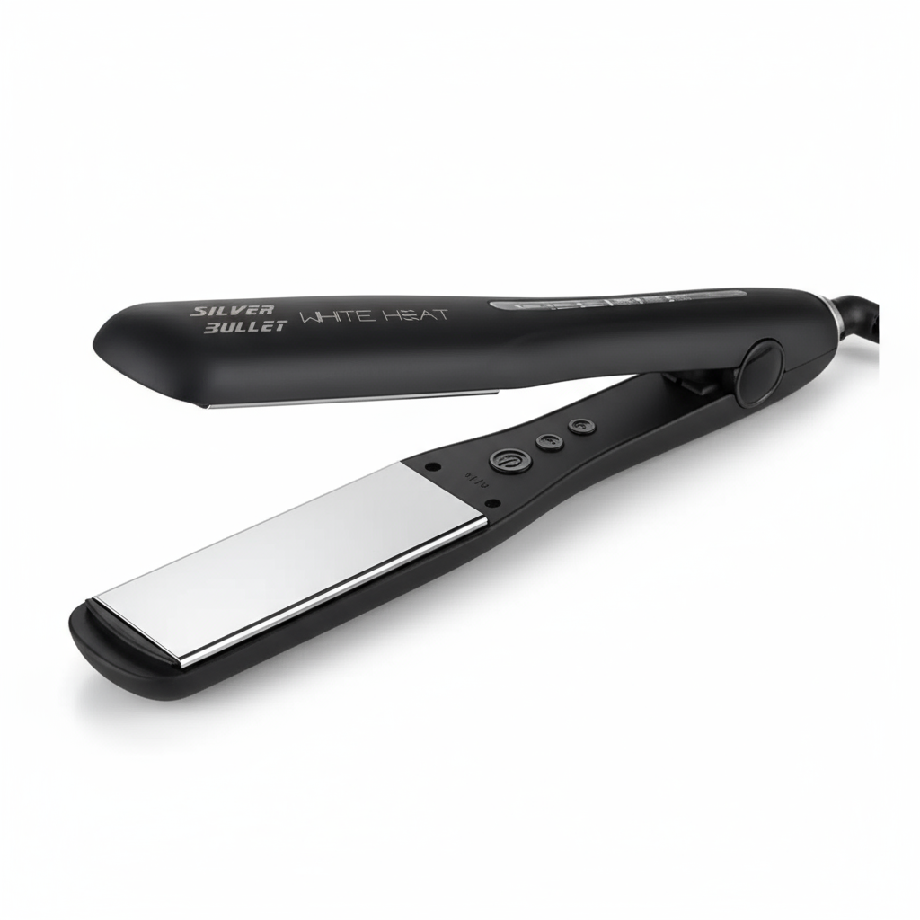 Silver Bullet White Heat Max wide hair straightener in black with wide ceramic plates and control buttons