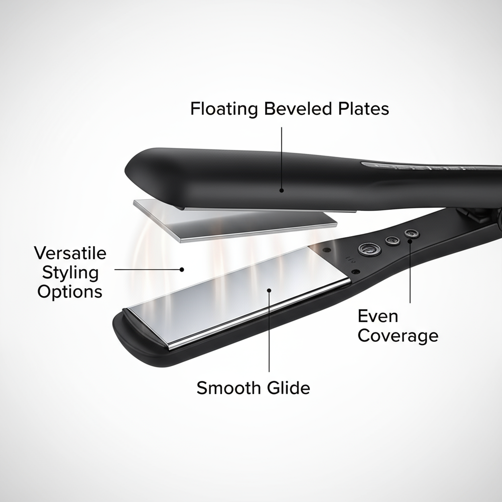 Silver Bullet White Heat Max wide hair straightener showing floating beveled plates and smooth glide for even coverage