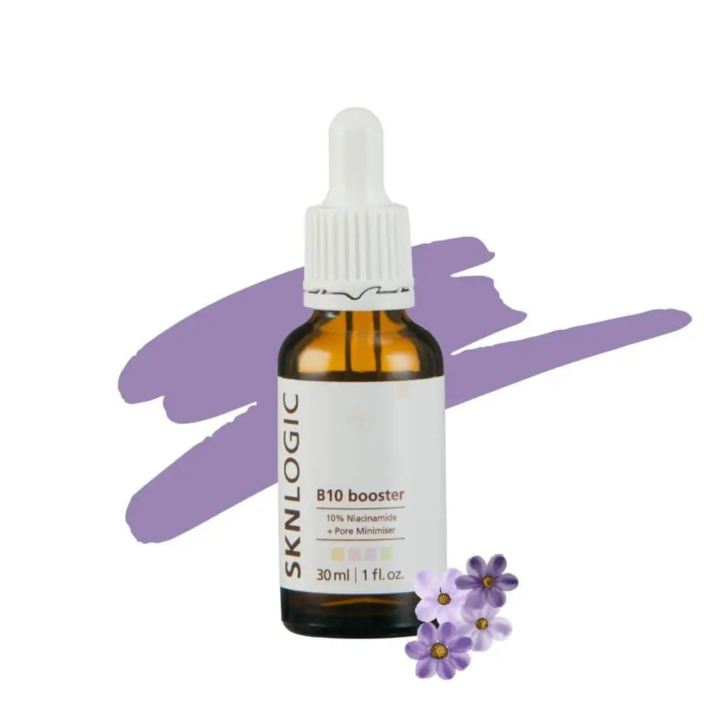 Amber glass bottle of Sknlogic B10 Booster 30ml serum with a dropper cap