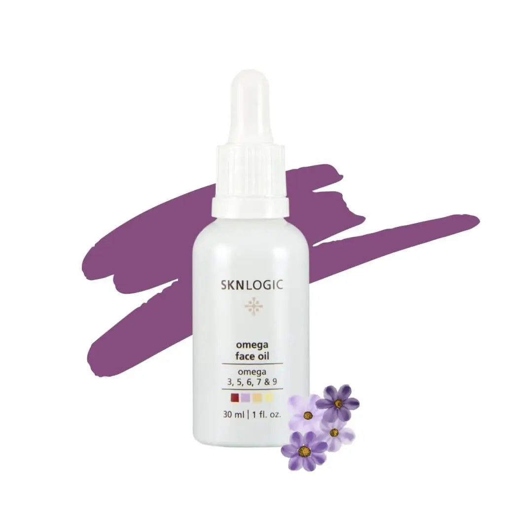 White bottle of SKNLOGIC Omega Face Oil 30ml with dropper for radiant complexion